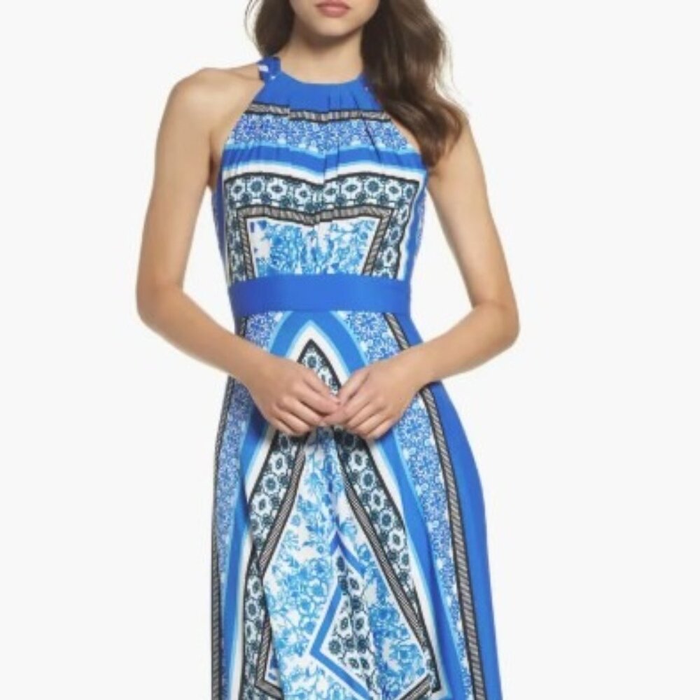 Eliza J floor length blue patterned dress
